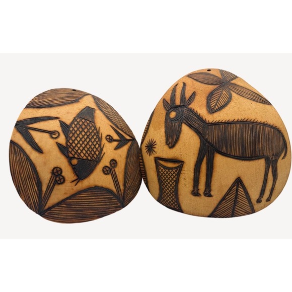 Handmade Other - Hand Carved Peruvian Gourd Wall Art Pair Pyrography Fish Antelope Folk Decor